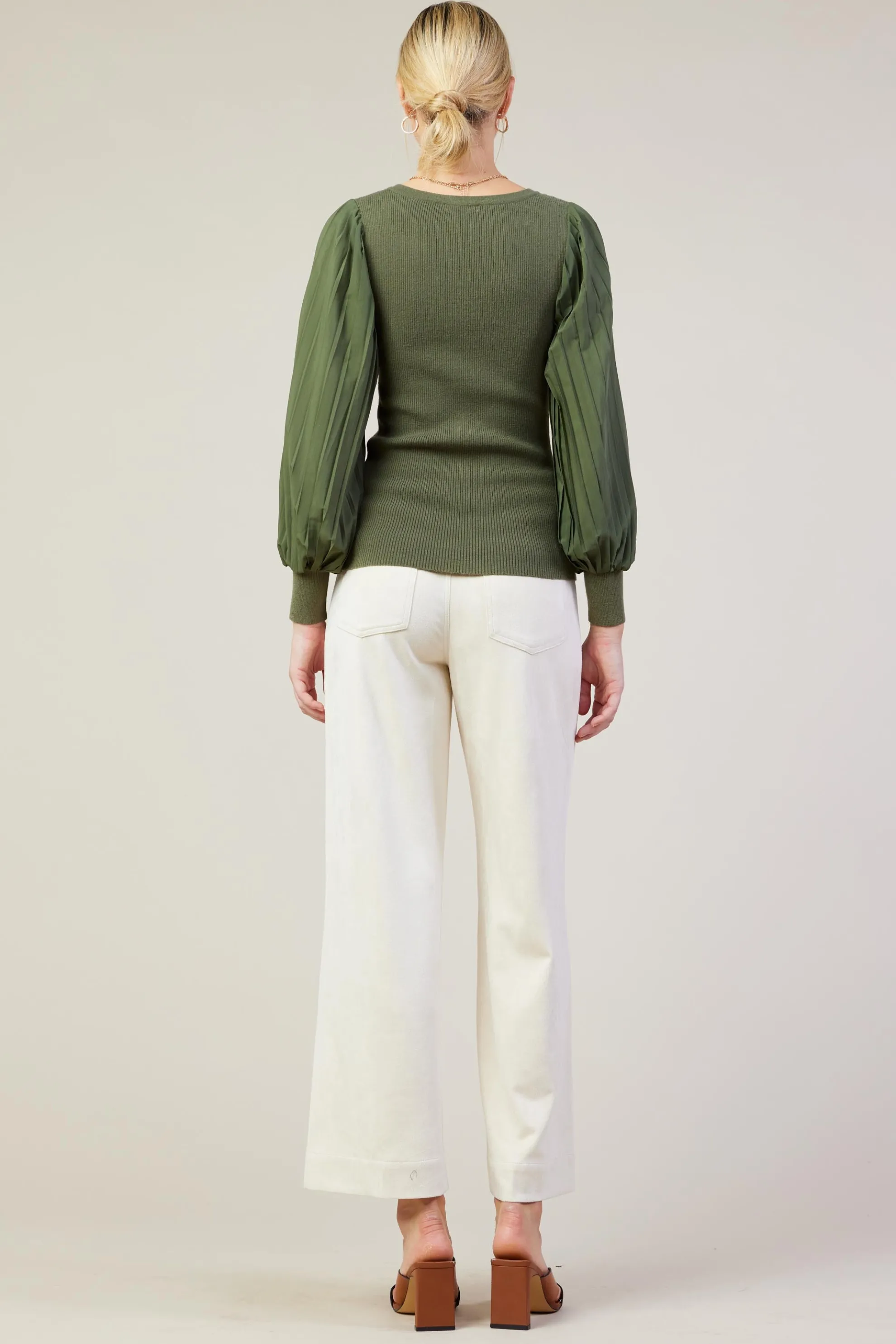 Mixed Media Pleated Sleeve Top