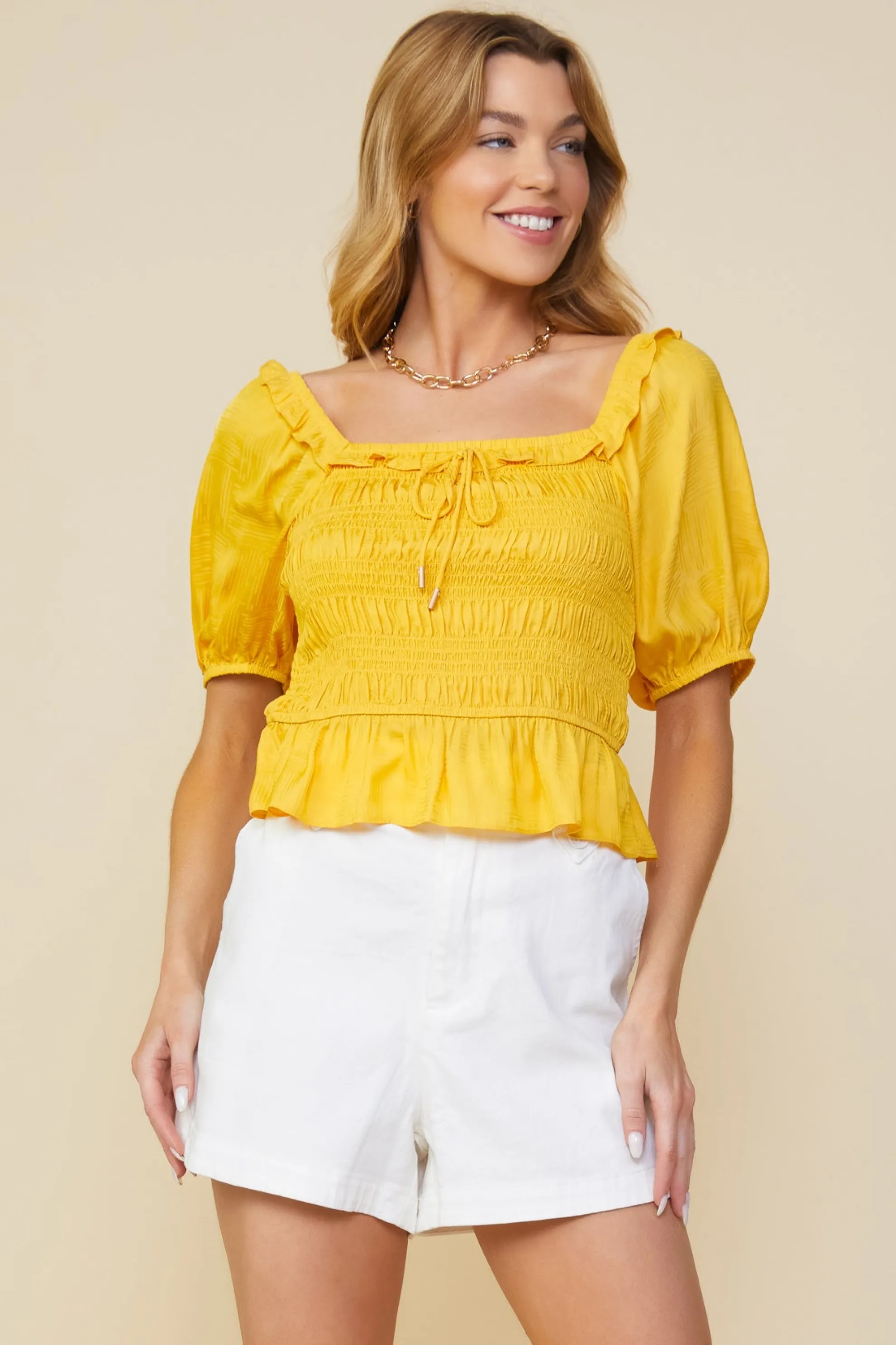 Jacquard Satin Smocked Top