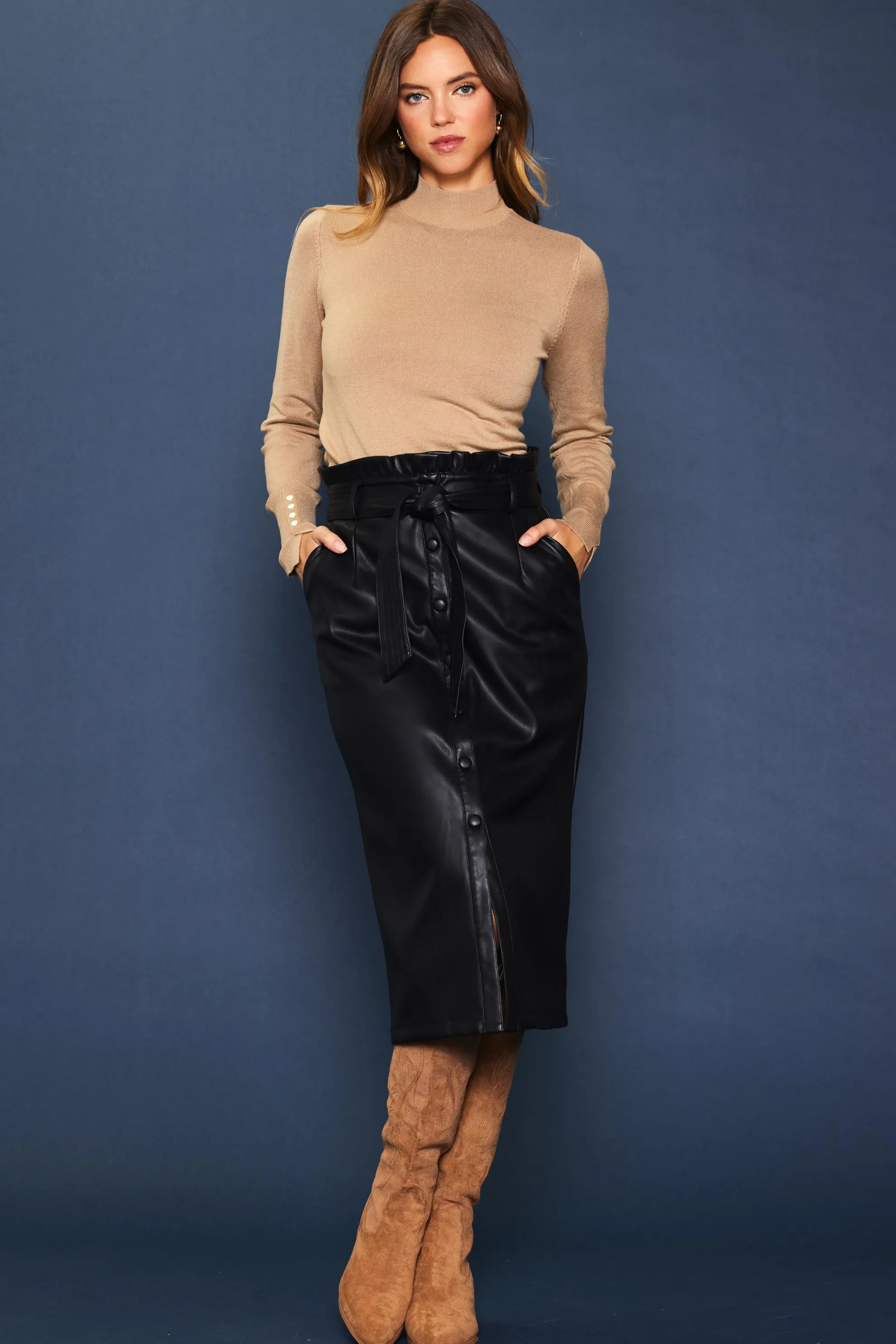 Vegan Leather Front Tie Midi Skirt