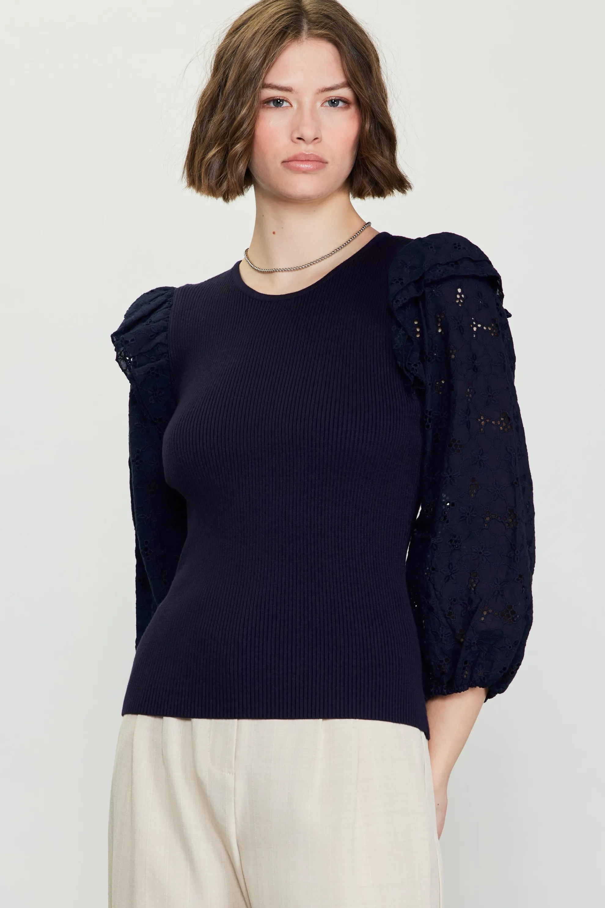 Eyelet Ruffle Sleeve Knit Top