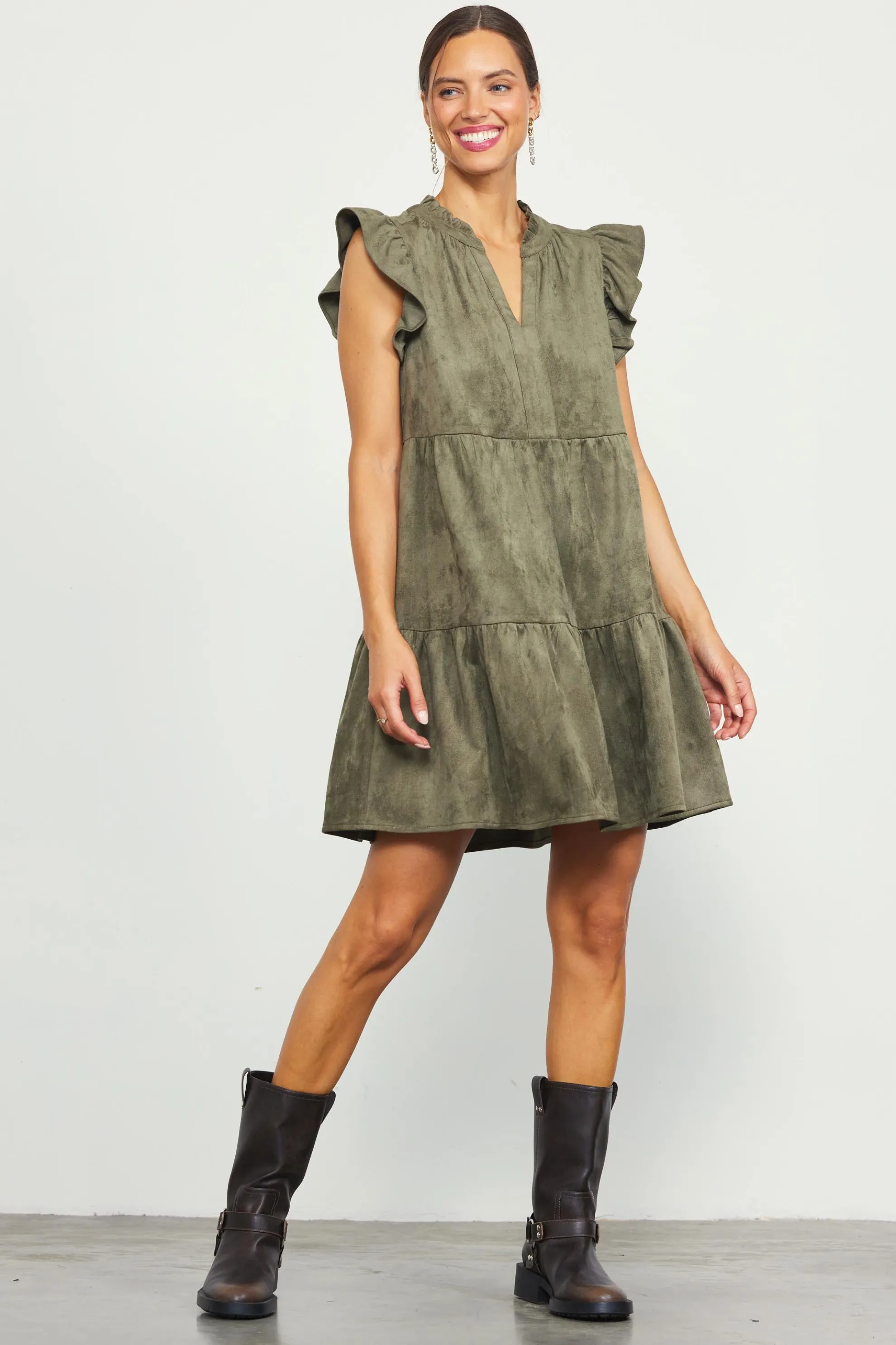 Faux Suede Tiered Mini Dress