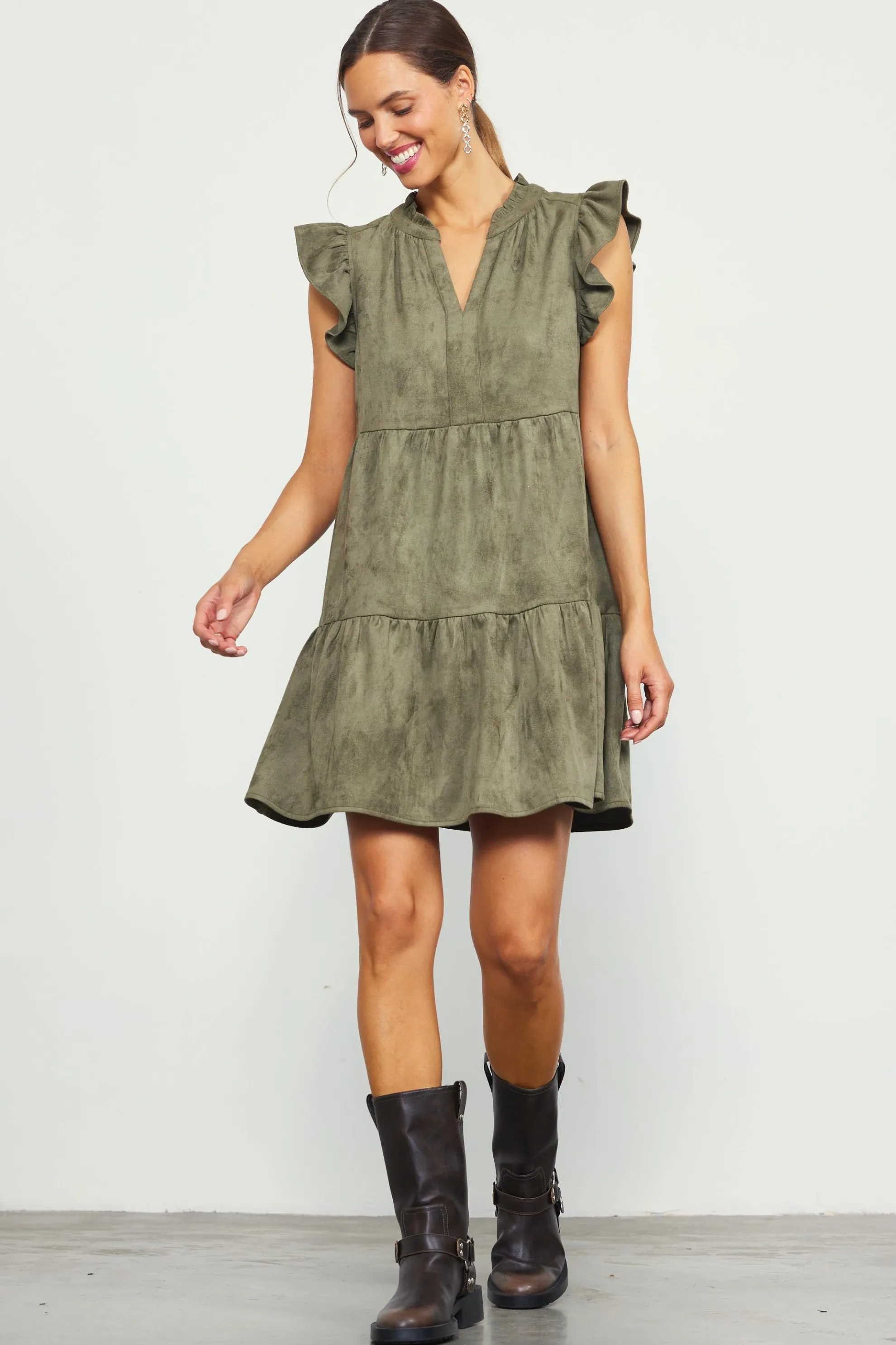 Faux Suede Tiered Mini Dress