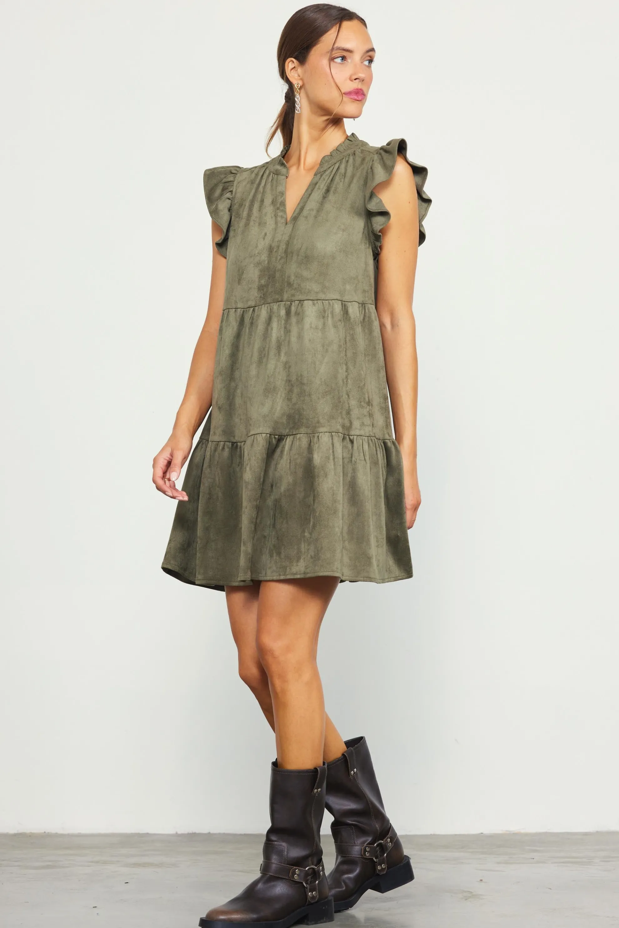 Faux Suede Tiered Mini Dress