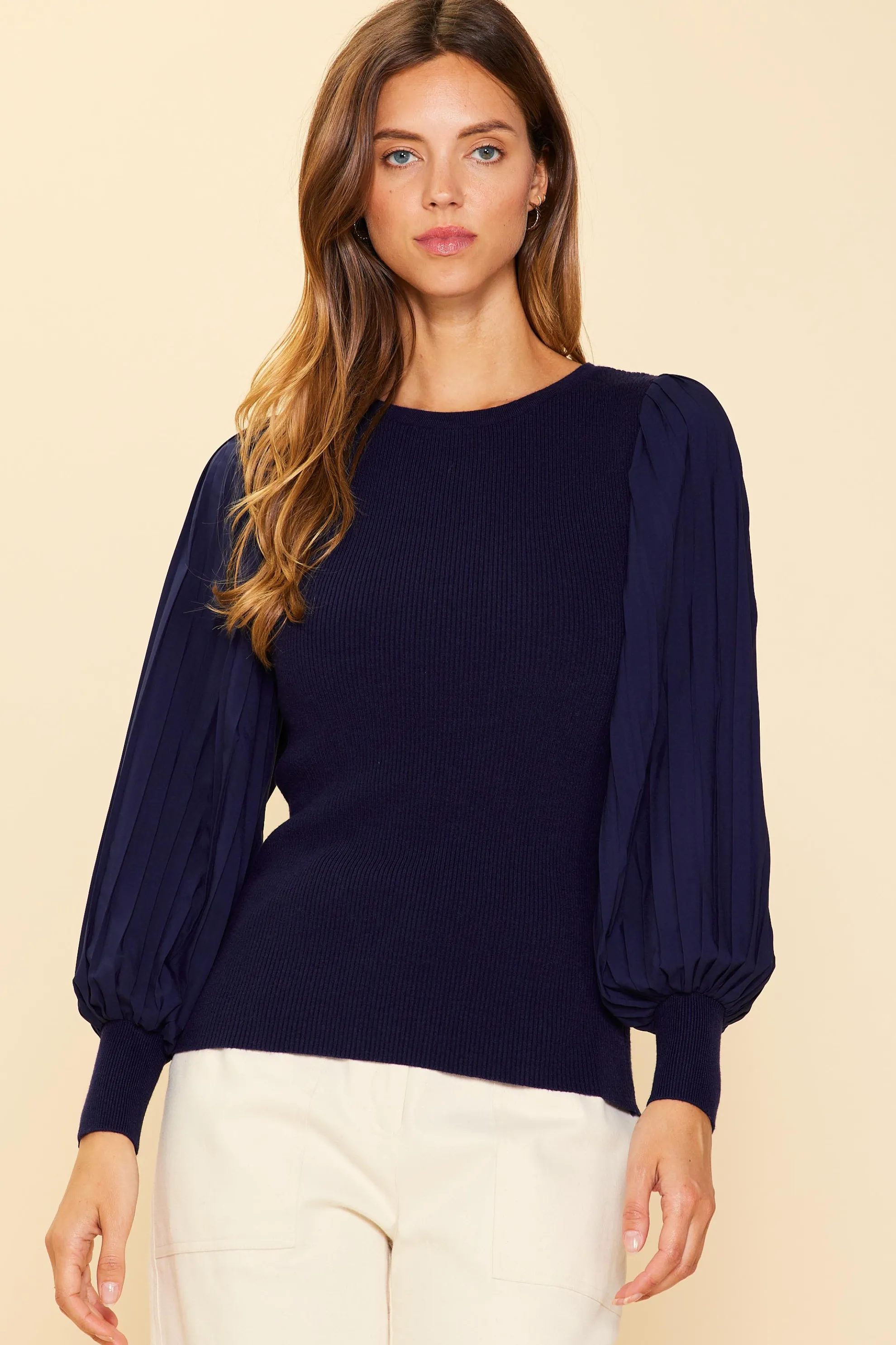 Mixed Media Pleated Sleeve Top