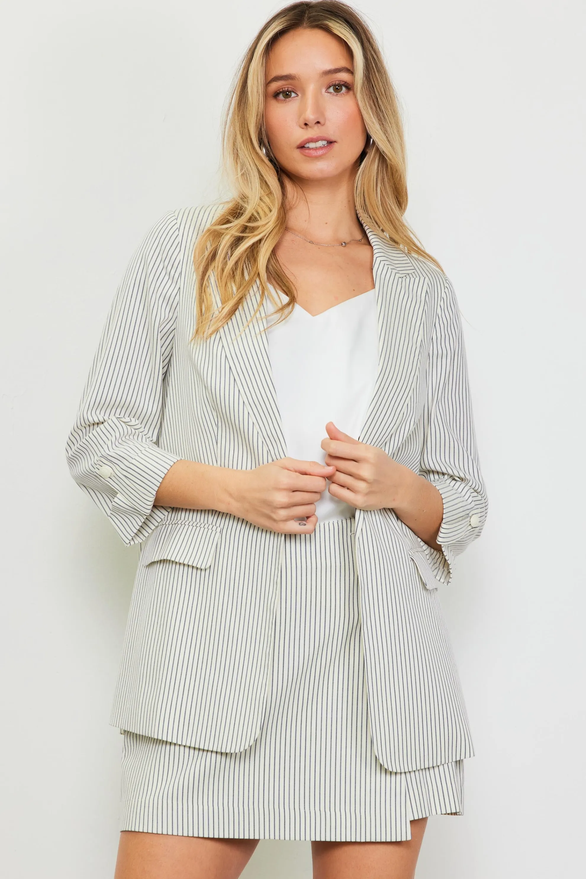 Pinstriped Rolled Sleeve Blazer
