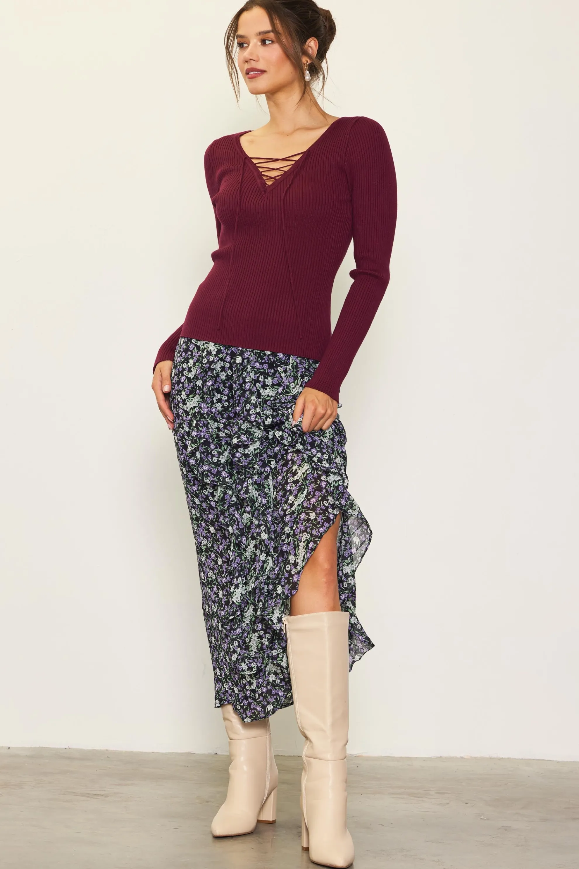 Laced Up Long Sleeve Knit Top