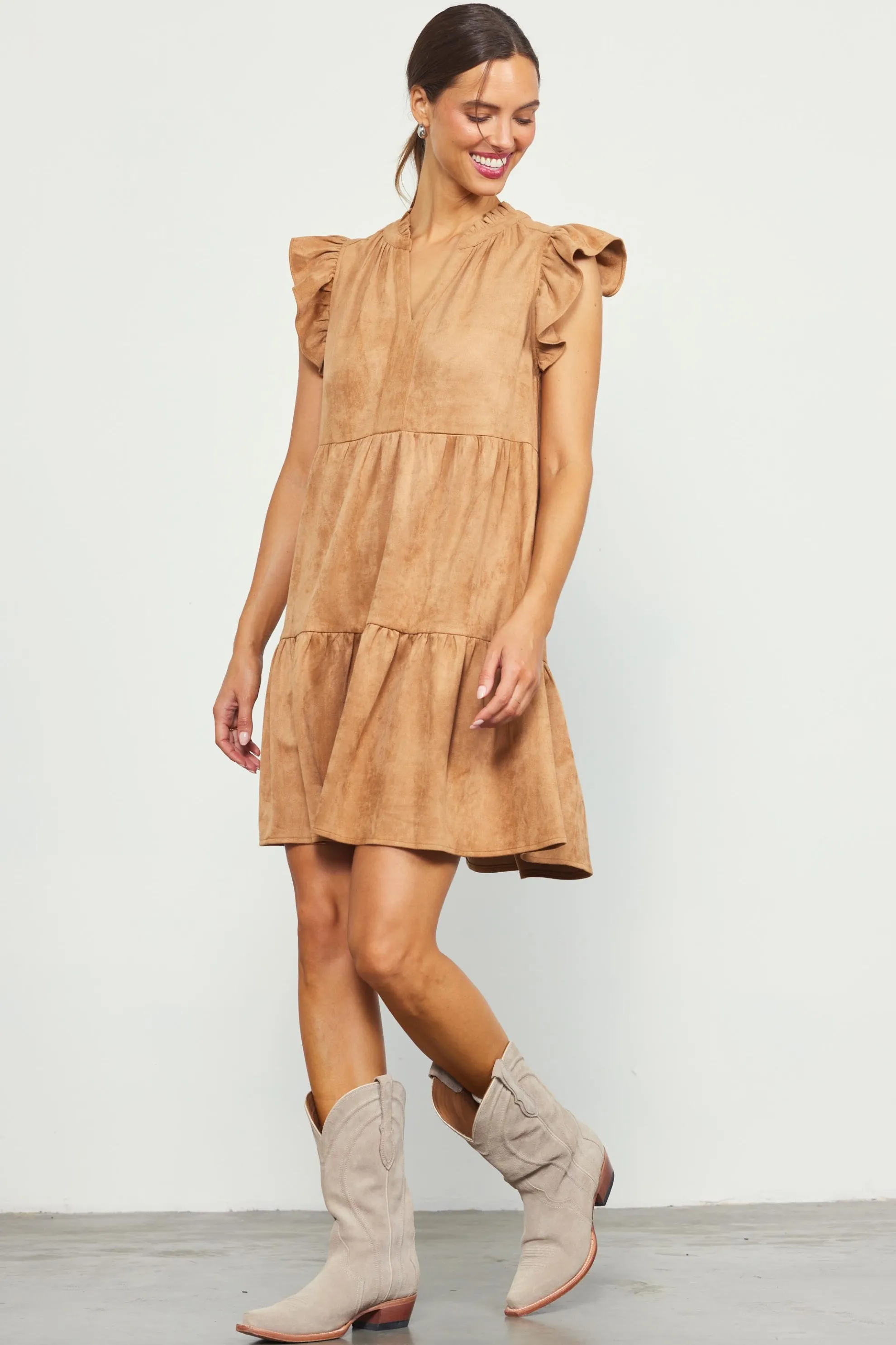 Faux Suede Tiered Mini Dress