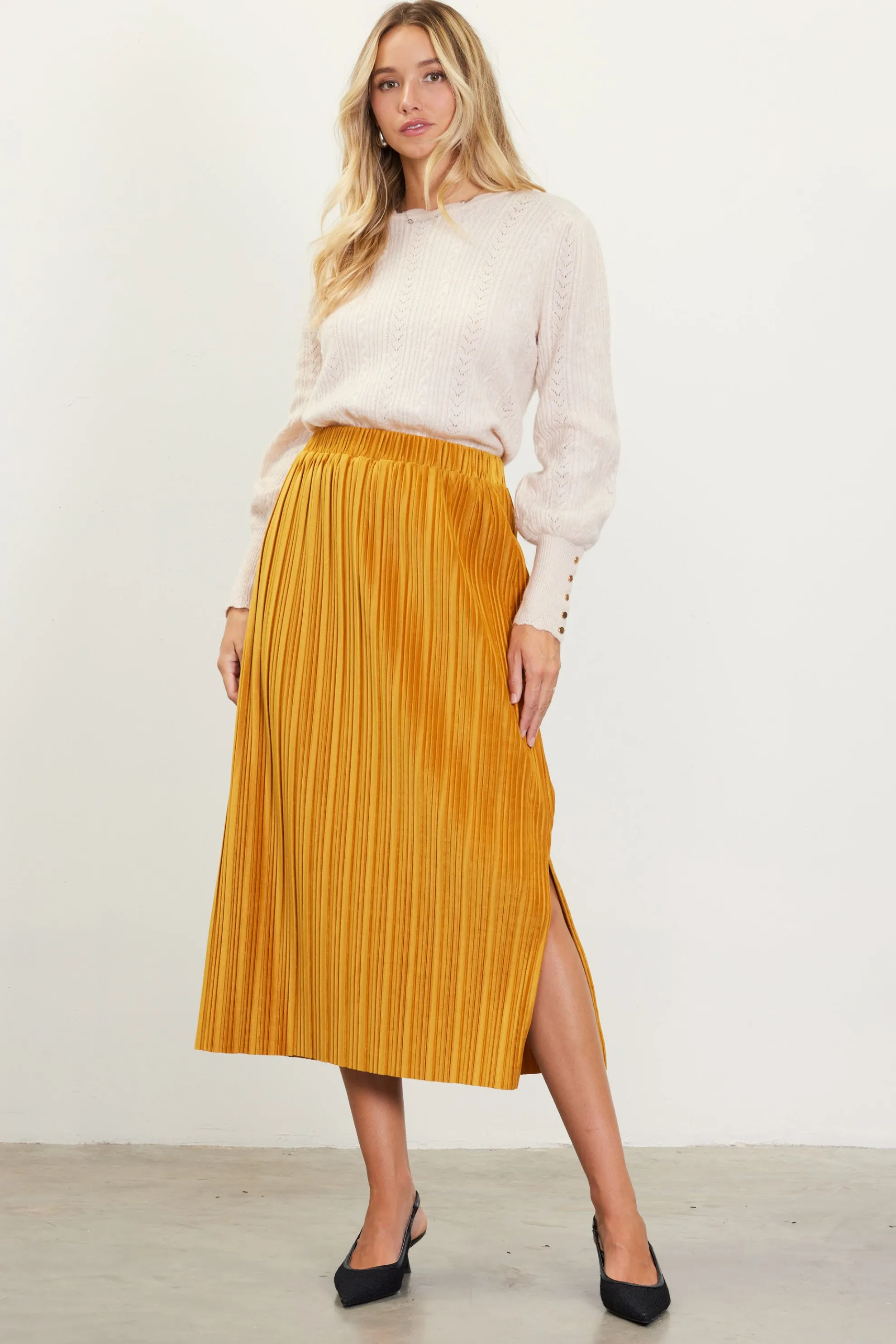 Pleated Velvet Midi Skirt