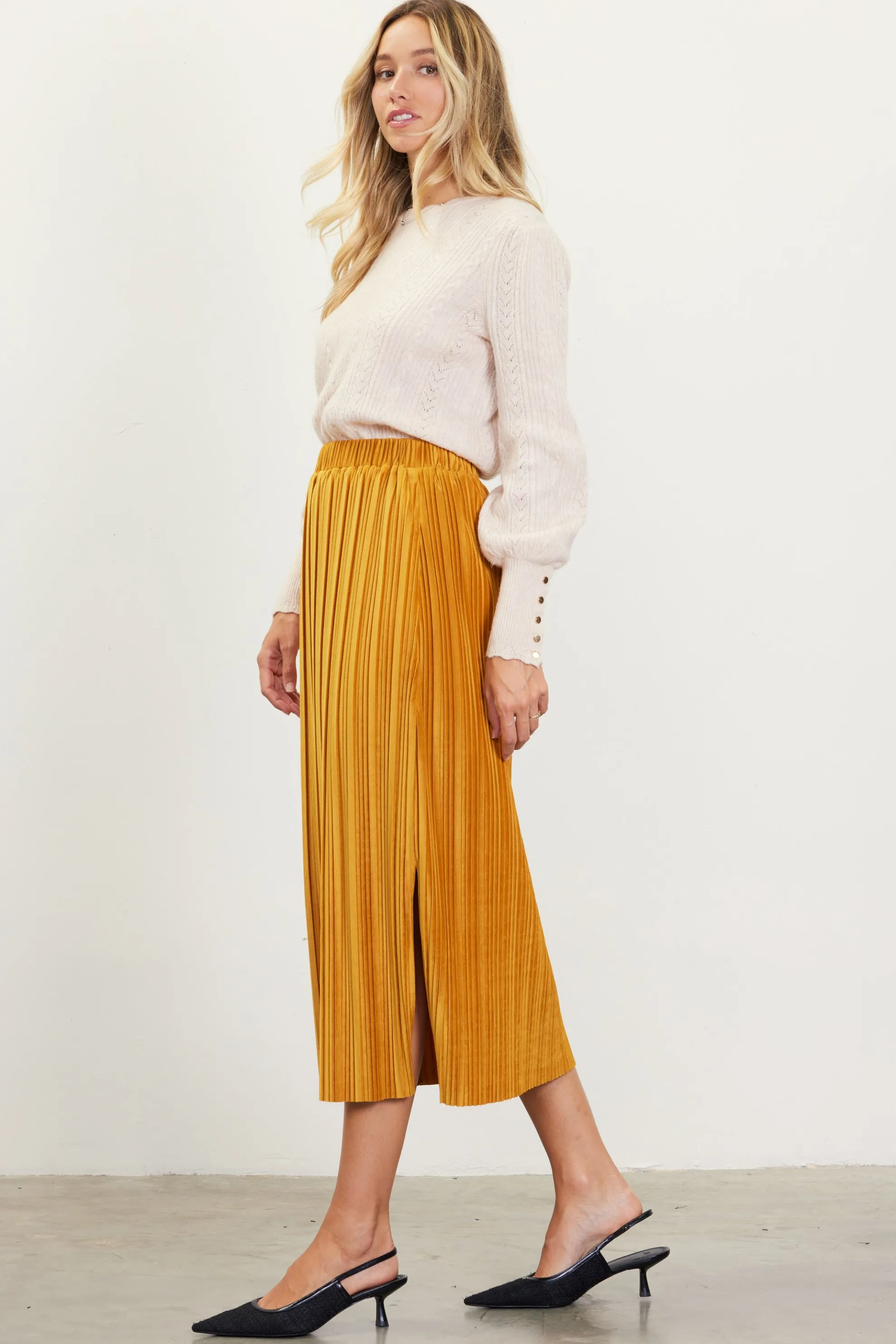 Pleated Velvet Midi Skirt