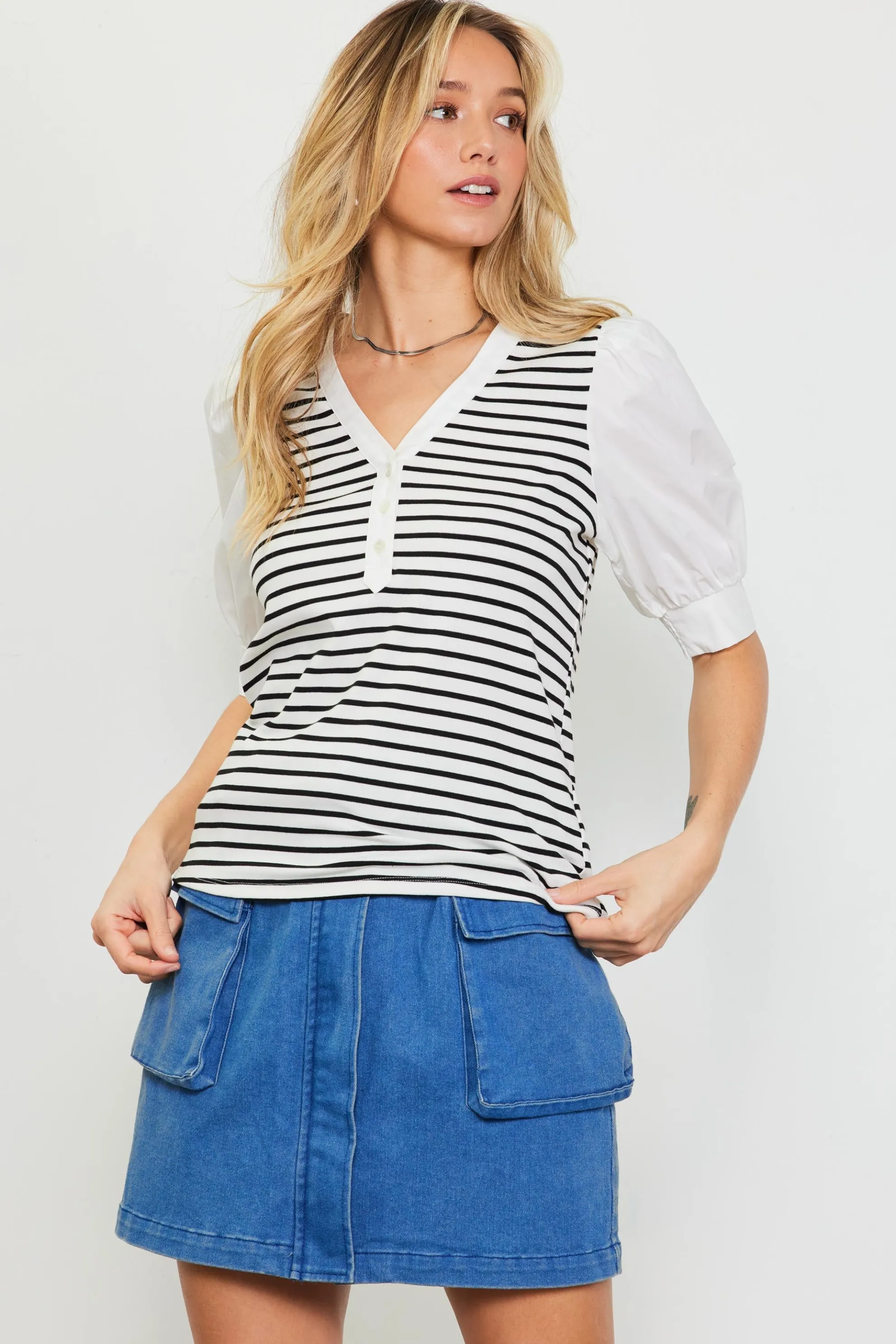 Mixed Media Striped Puff Sleeve Top
