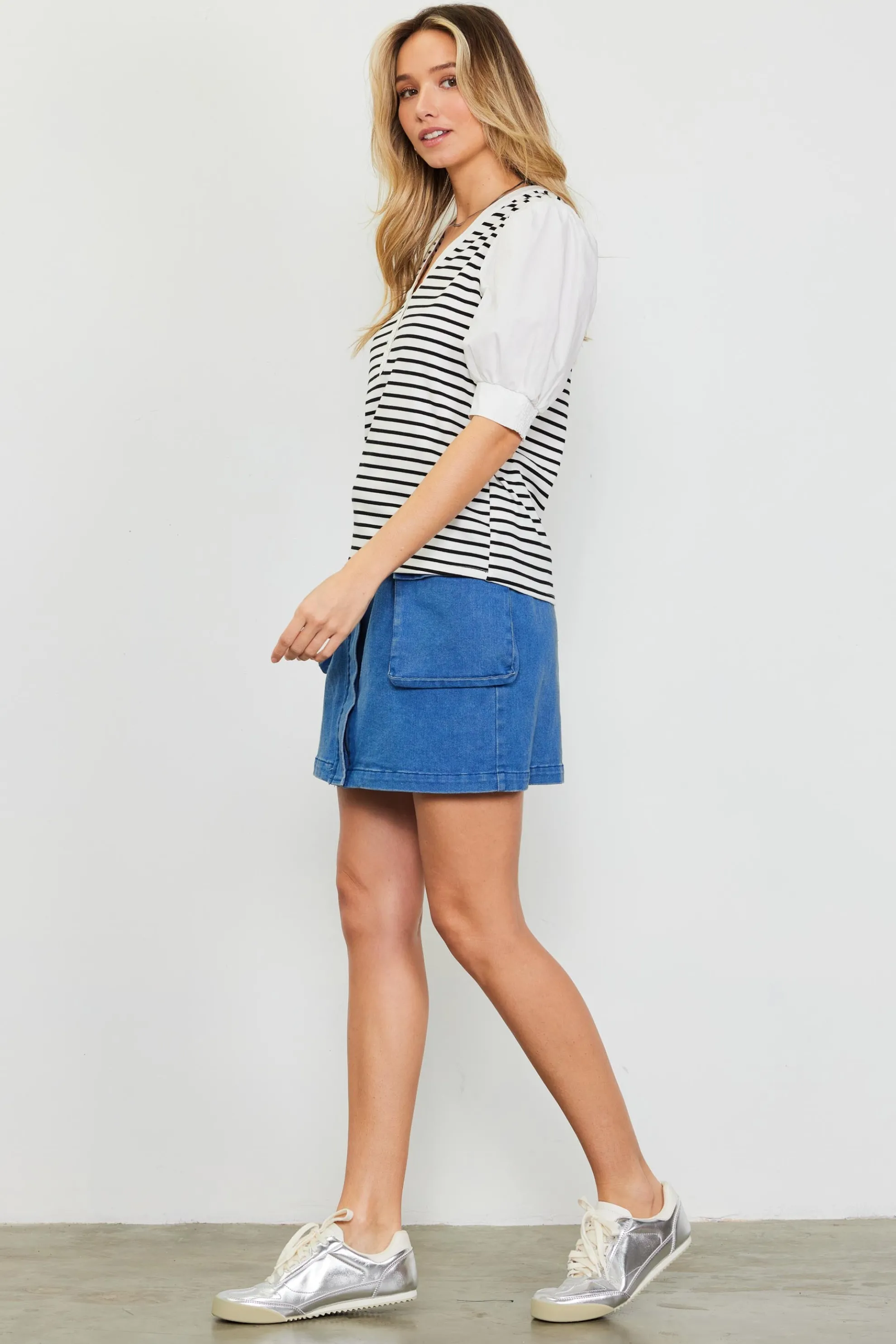 Mixed Media Striped Puff Sleeve Top